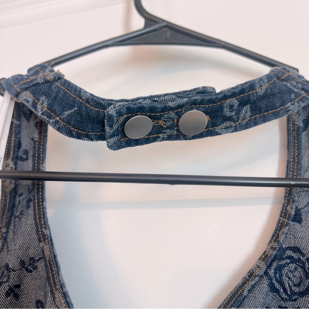 Lulus Summertime Inspiration Dark Wash Floral Denim Halter Mini Dress Blue - Picture 7 of 8